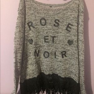 Light Gray Printed Long Tee with Lace Trim